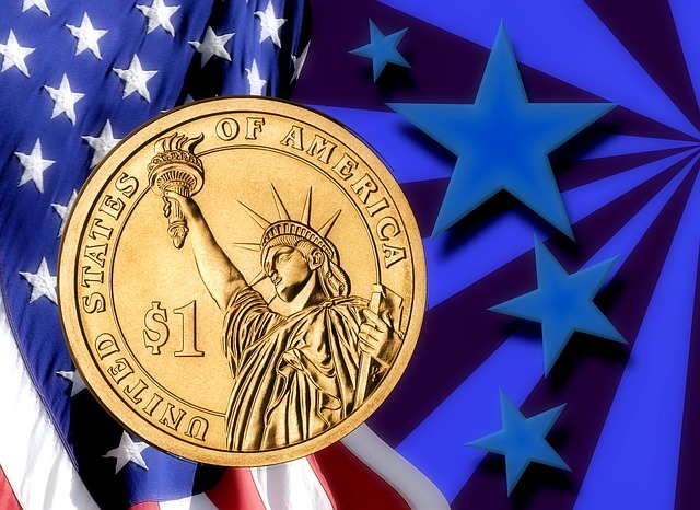 jeden dolar – mince, americká vlajka